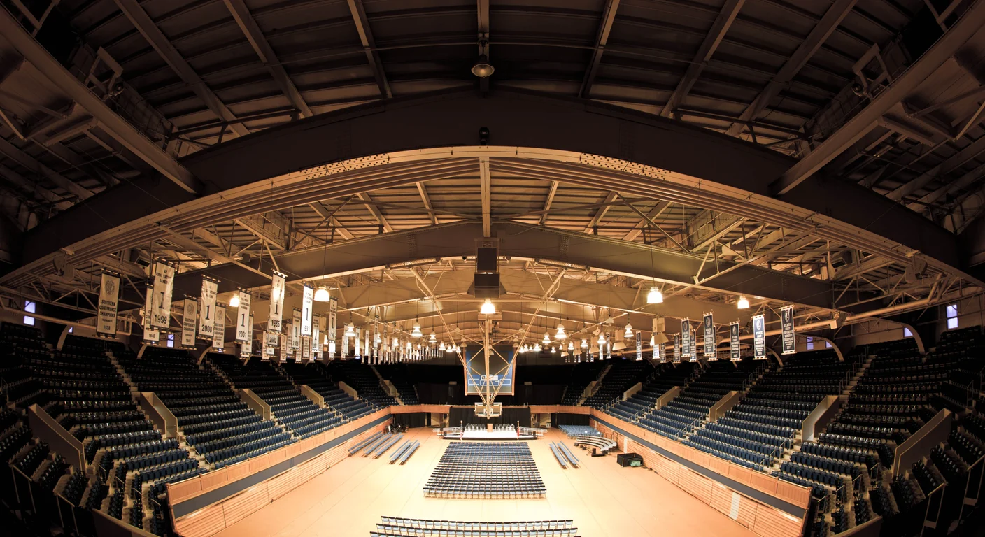 Basketball court and spectator seating inside Duke University’s Cameron Indoor Stadium