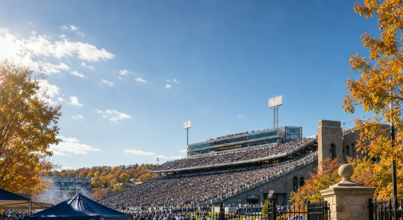 College students walking toward a packed football stadium on gameday