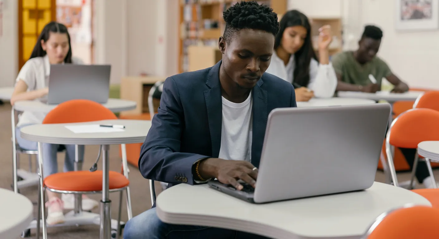 Students working on laptops in a bright classroom