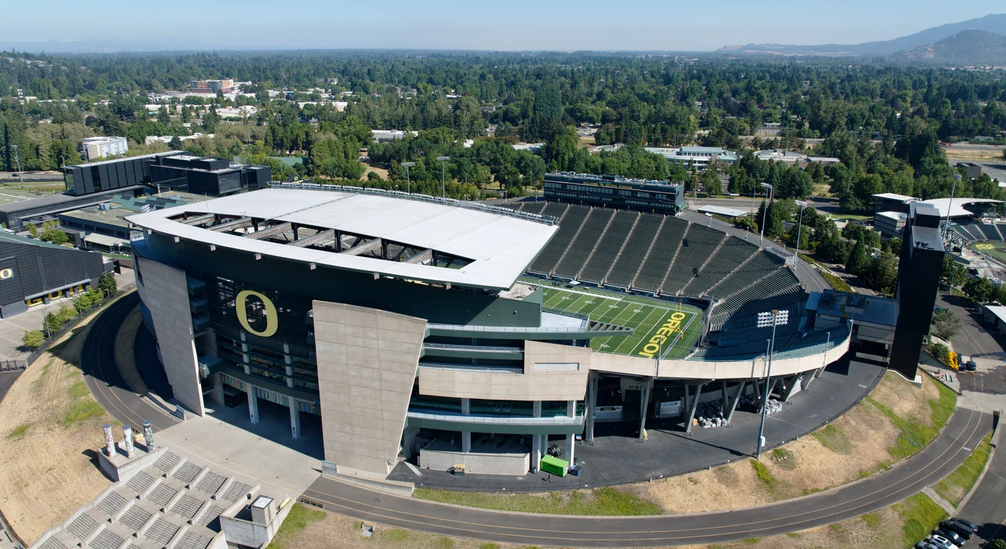 Aerial view of the University of Oregon’s Autzen Stadium and surrounding athletic facilities in Eugene