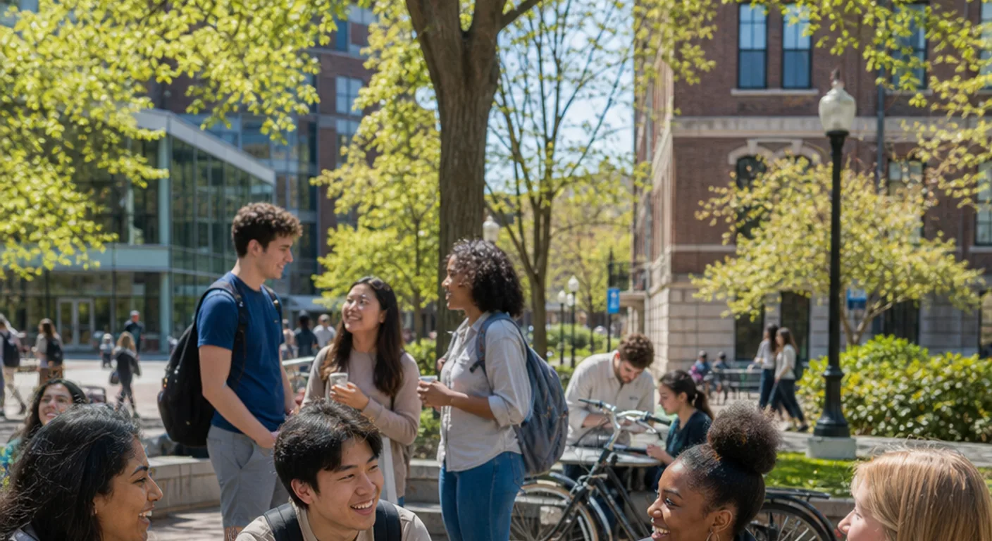 College students socializing at club tables on a sunny university quad