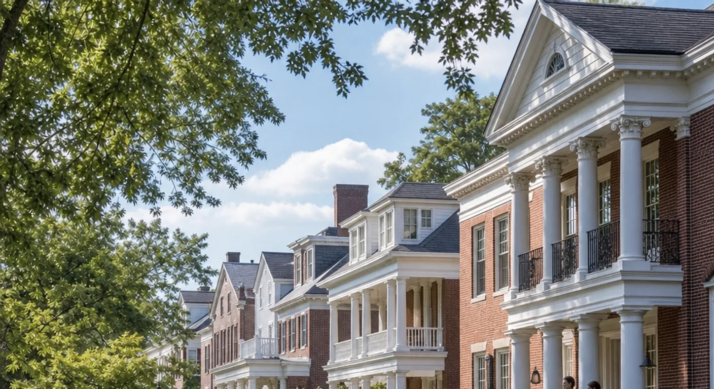 Students walking past a large row of fraternity and sorority houses