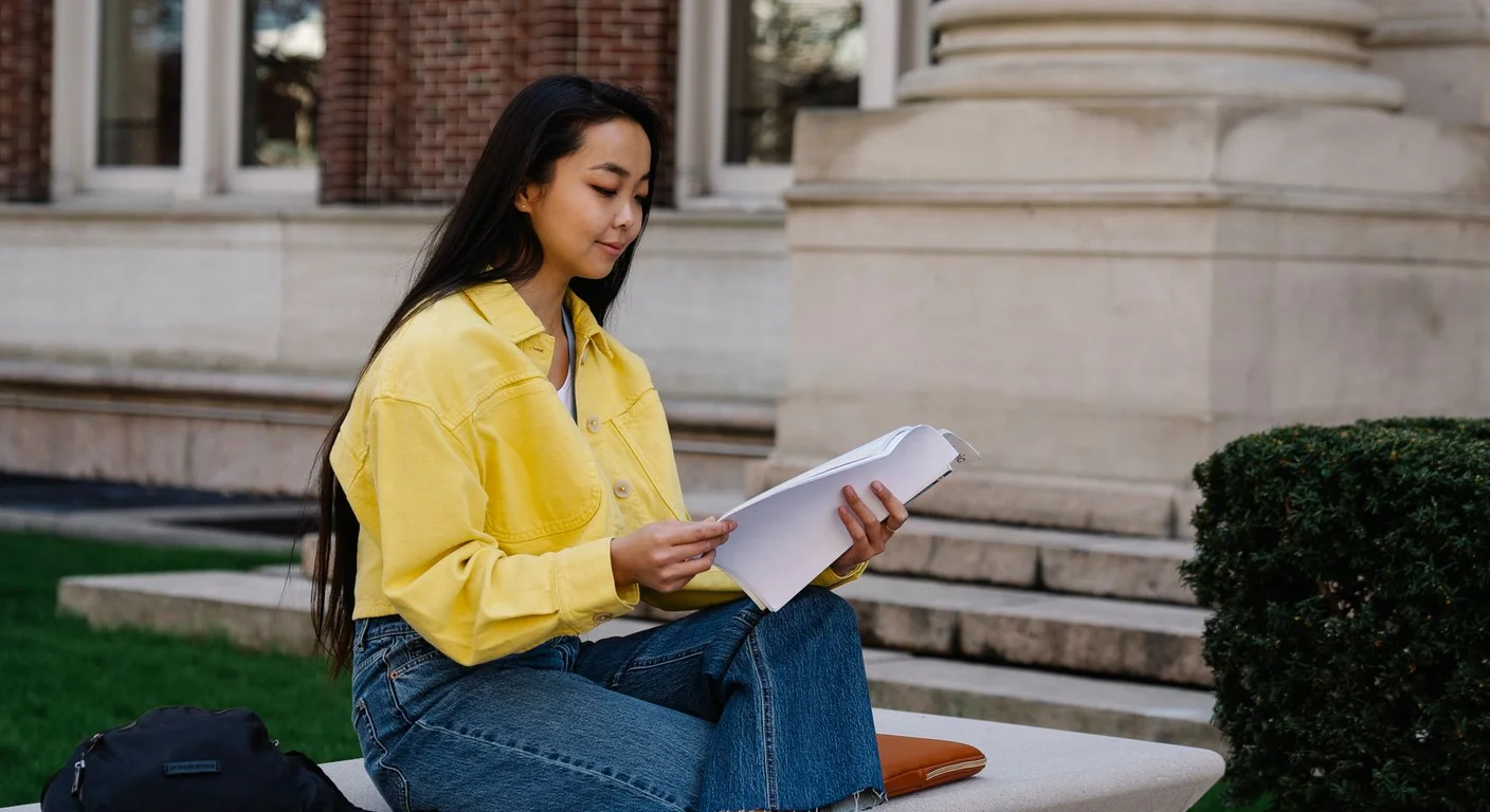A student reviewing notes on a bench outside a college campus building