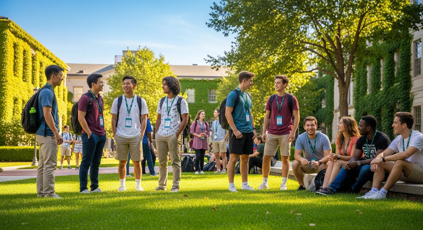 New college students gathered on a campus quad during orientation week