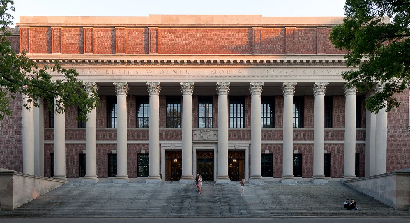 Widener Library and the open lawn of Harvard Yard in Cambridge, Massachusetts