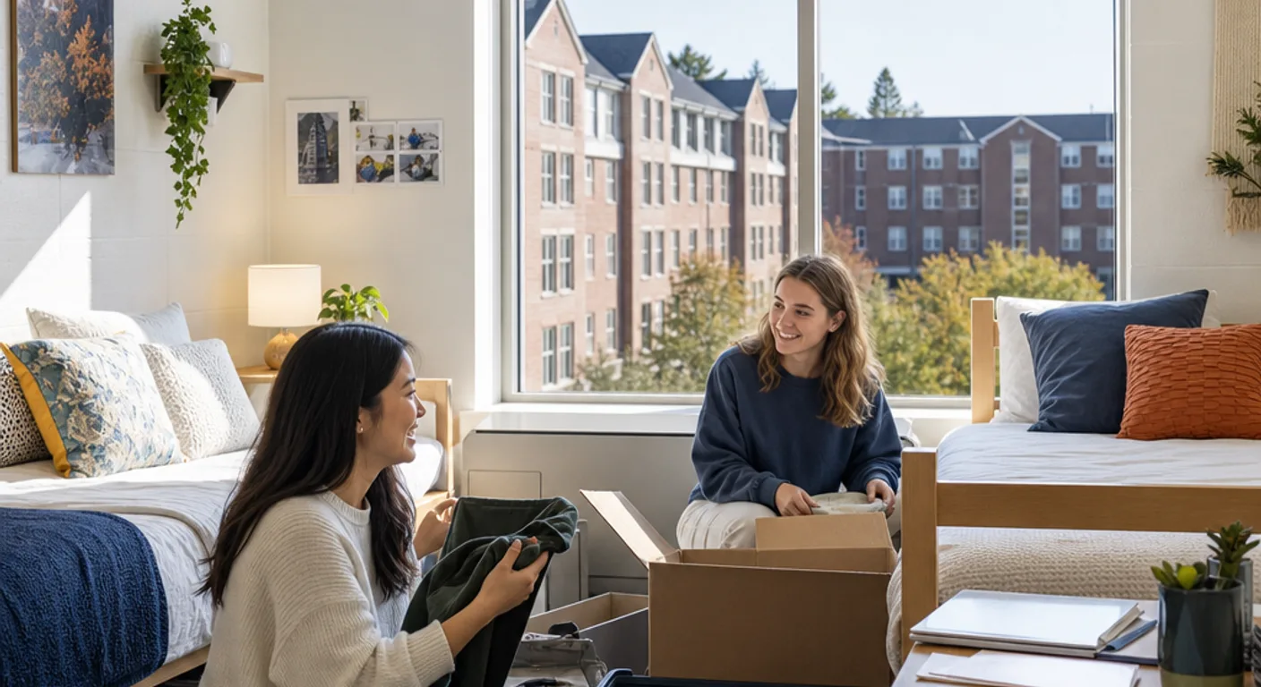First-year college roommates unpacking boxes in a bright dorm room