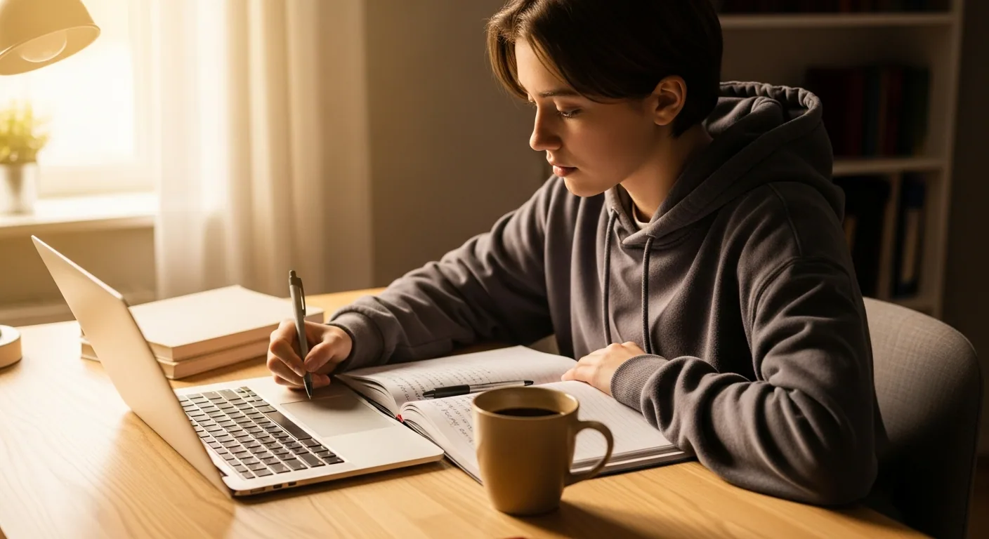 A student writing a college application essay at a laptop in warm natural light
