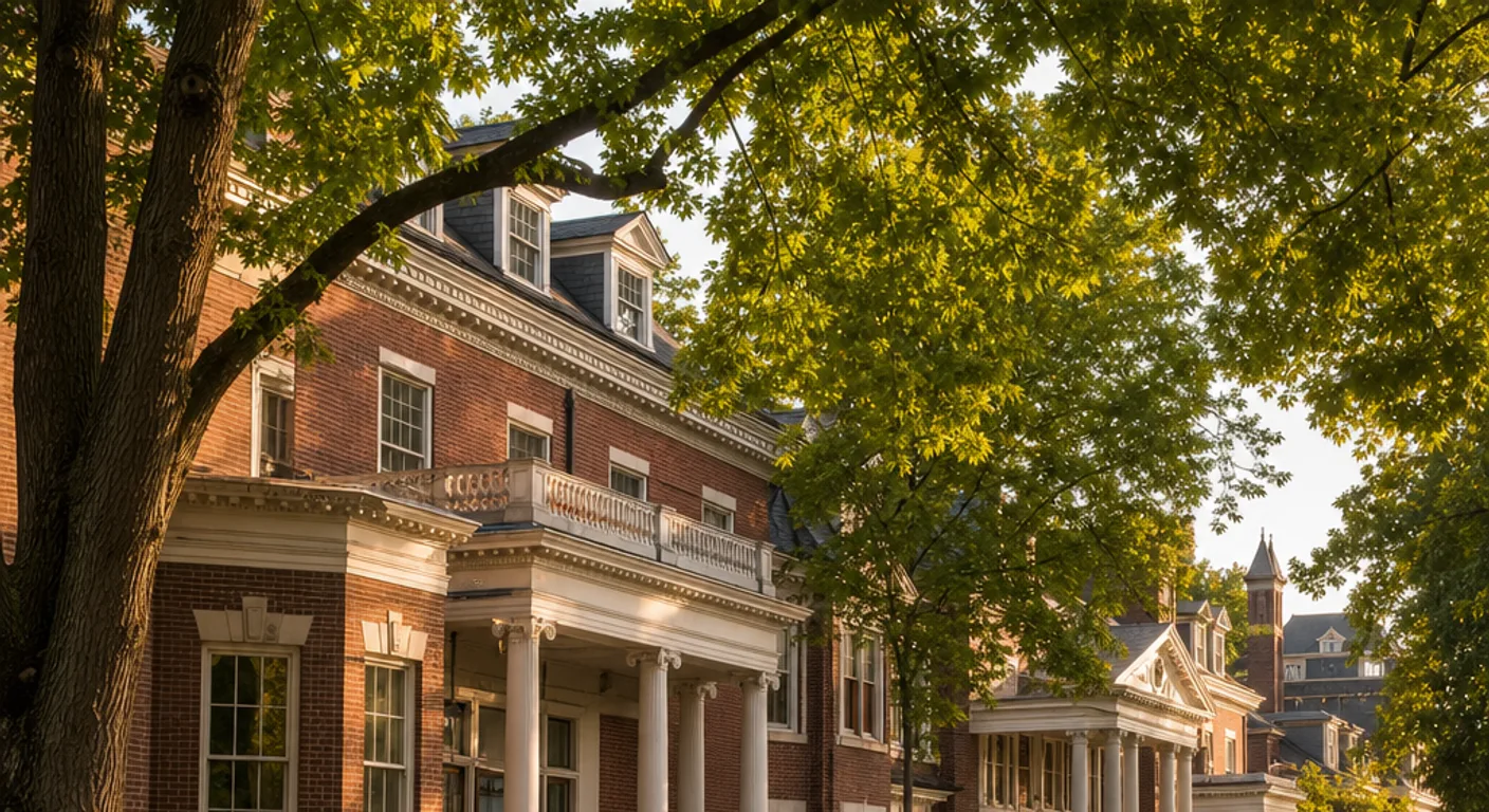 Historic columned Greek Row houses beneath mature campus trees