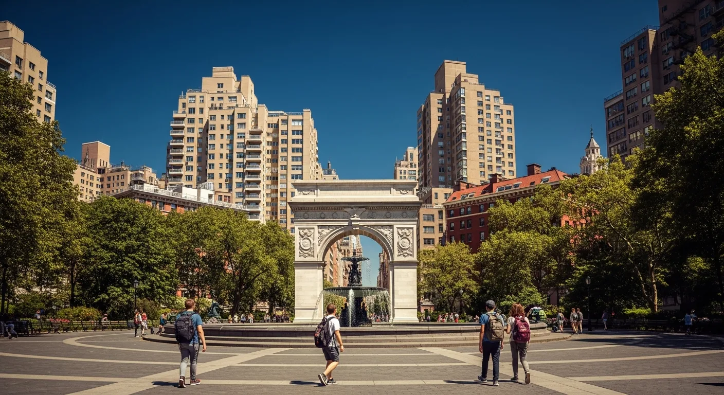 NYU campus with Washington Square Arch in Greenwich Village, New York City