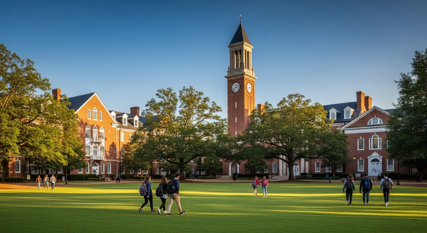NC State campus red-brick buildings and clocktower in Raleigh, North Carolina