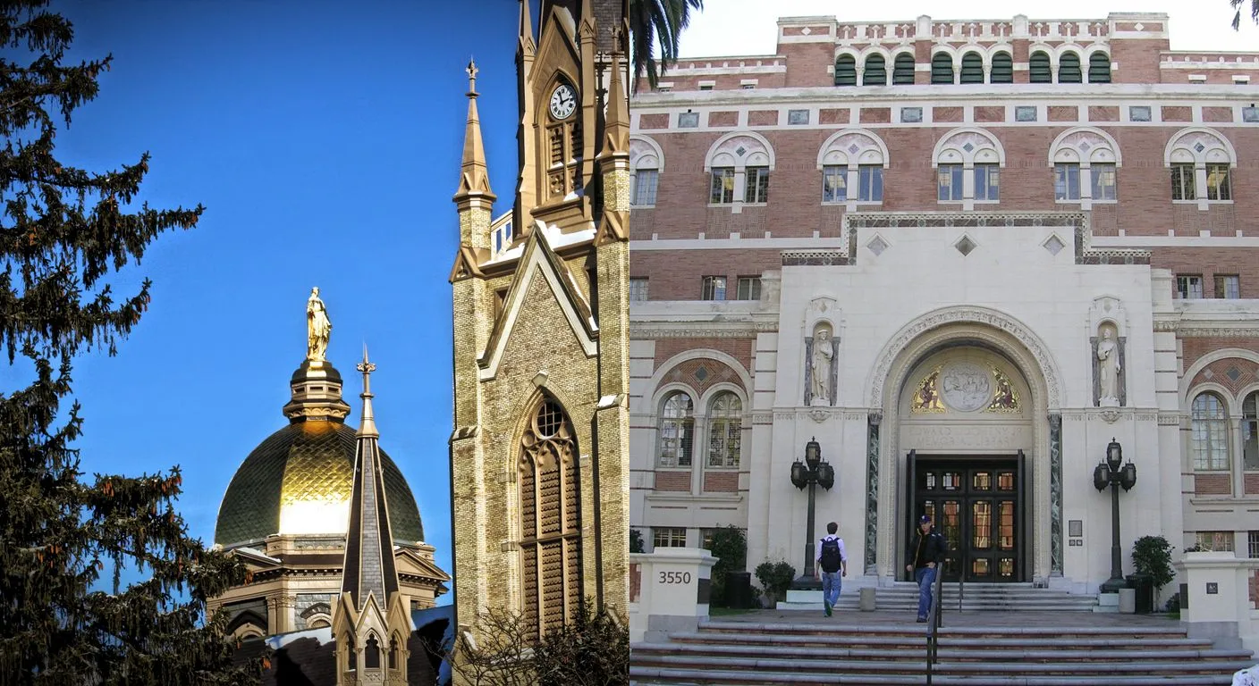 Side-by-side view of Notre Dame's Golden Dome on the left and USC's Doheny Library on the right