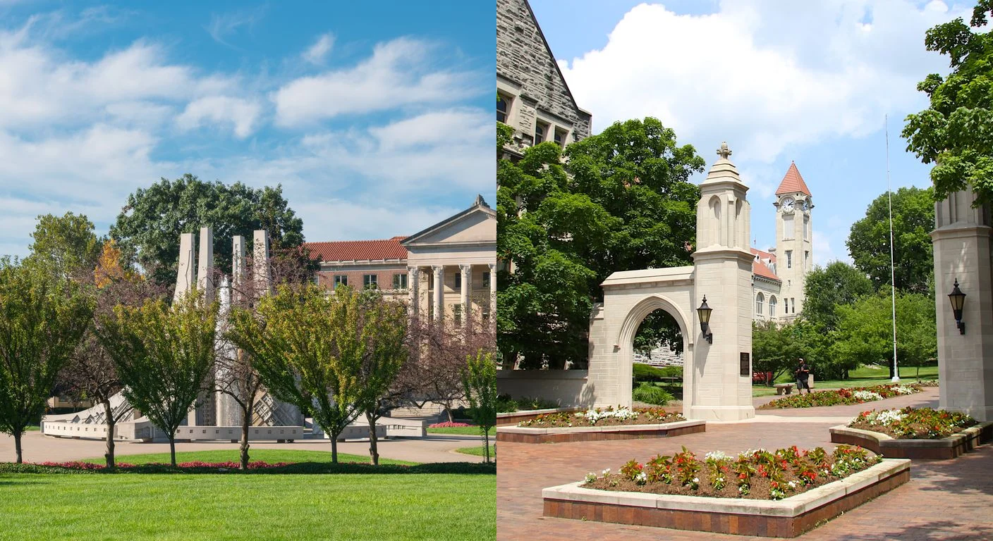 Engineering Fountain at Purdue and Sample Gates at Indiana University Bloomington, photographed side by side