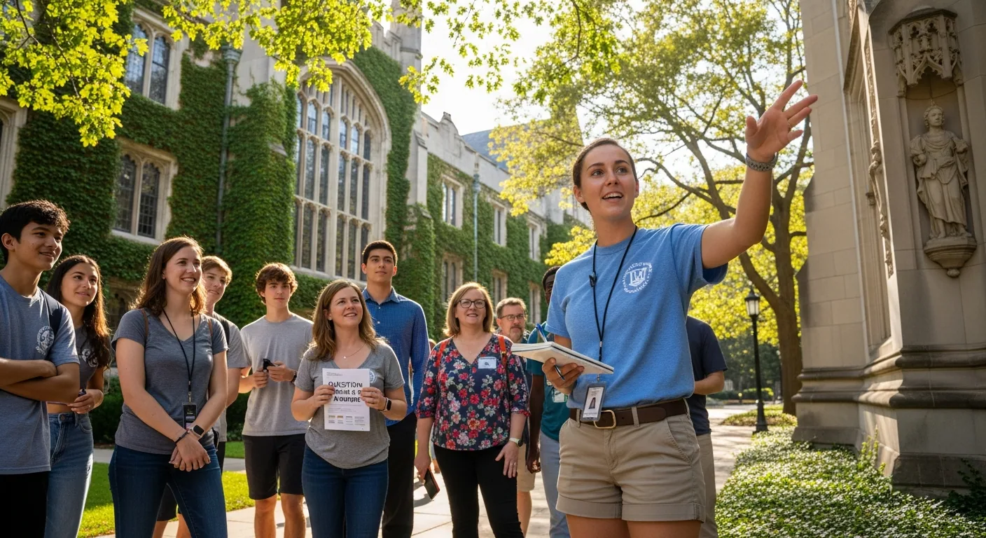 A student-led group walking on a college campus tour on a sunny day