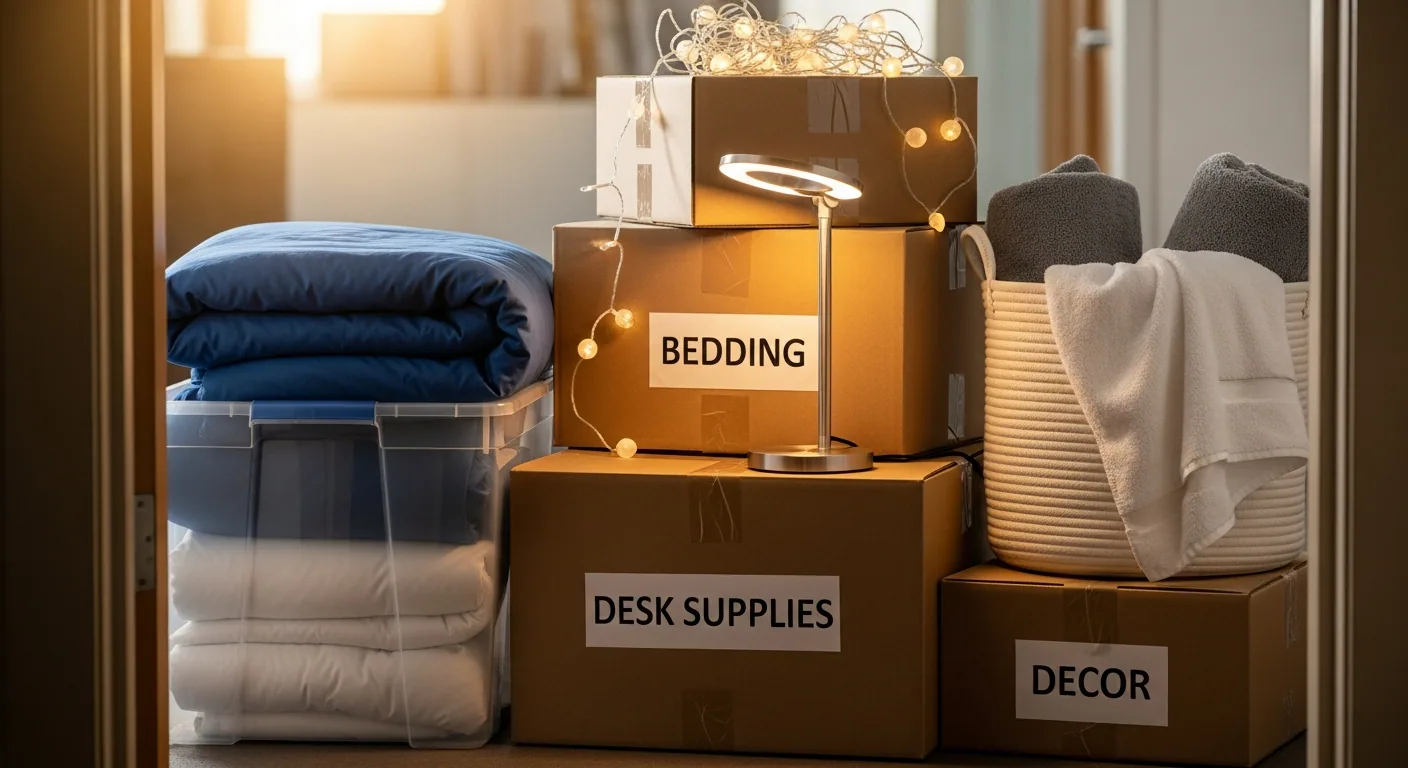 Packed moving boxes and dorm supplies ready for college move-in day