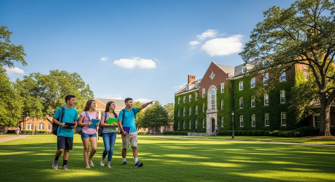 High school students walking across a sunny university quad during a summer program