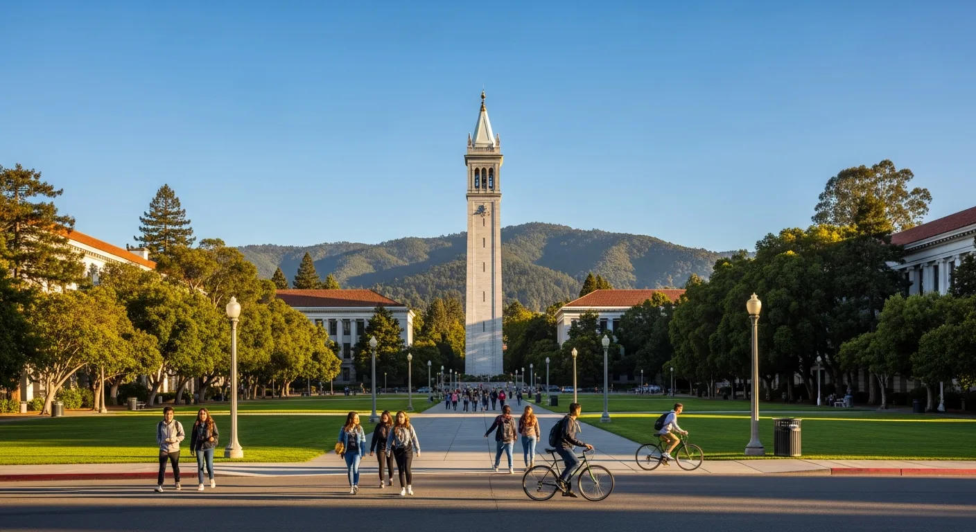 UC Berkeley campus with Sather Tower (Campanile) and green hills in the background