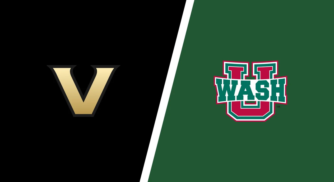 Full-color Vanderbilt V and WashU Bears logos on black and green fields separated by a white diagonal