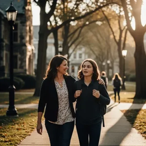 Parent and student walking together on a college campus during a tour