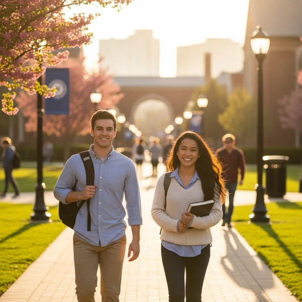 Two students smiling confidently on a sunny college campus walkway