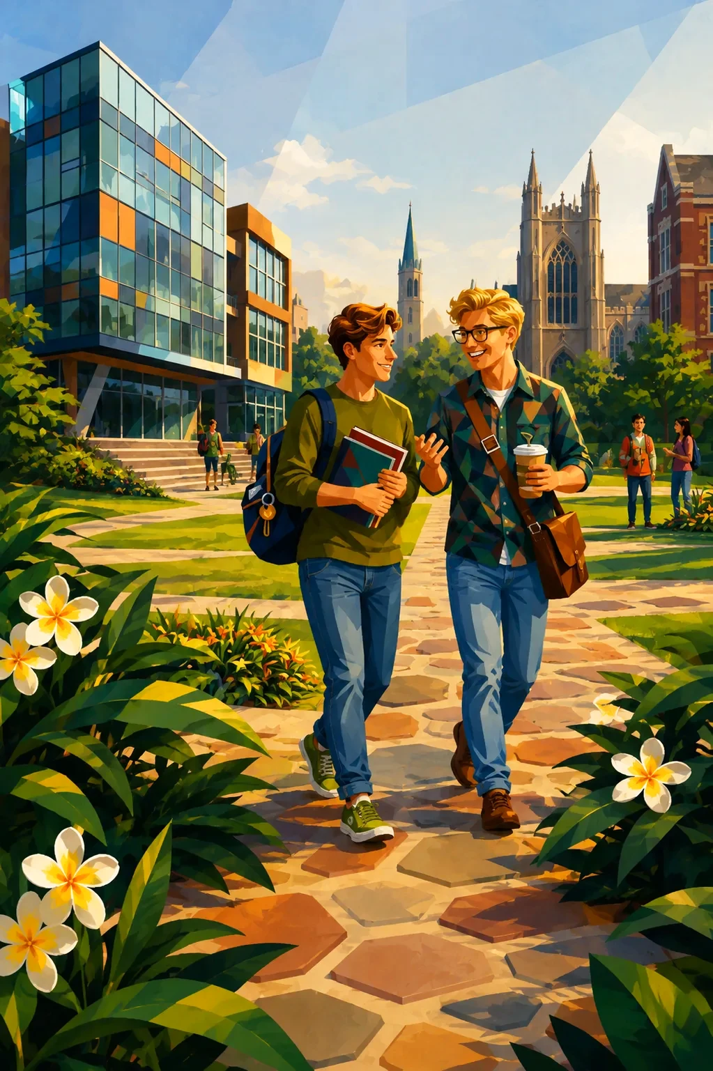 A student leading a private campus tour through a college quad