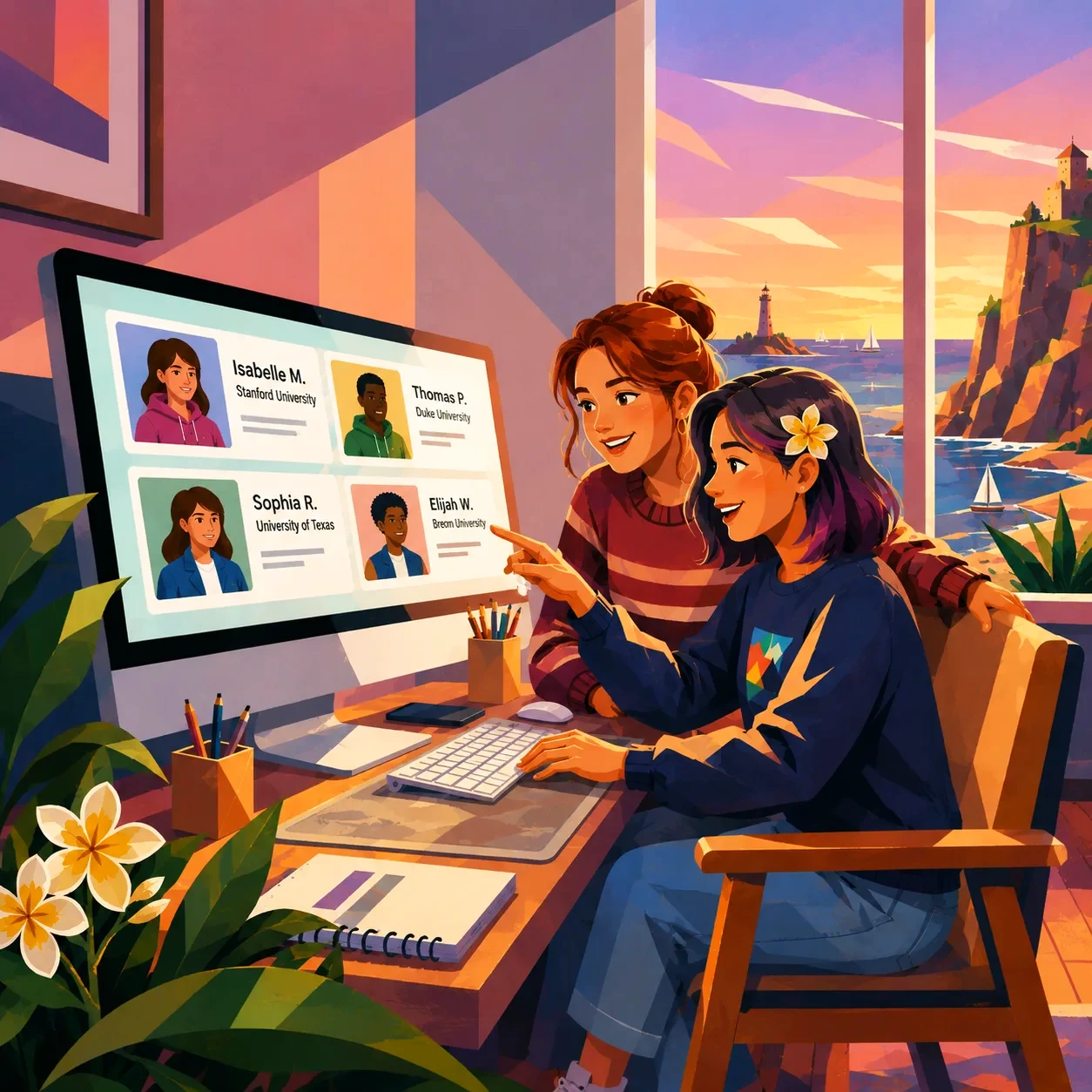 A parent and student browsing student tour guide profiles on a laptop