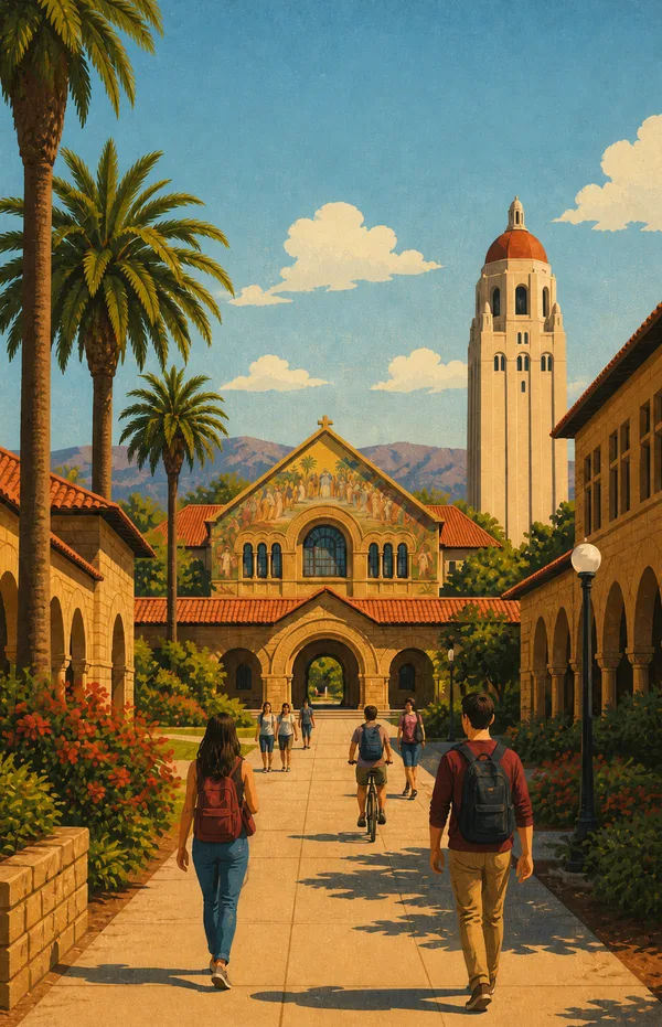 Students walking toward Hoover Tower at Stanford