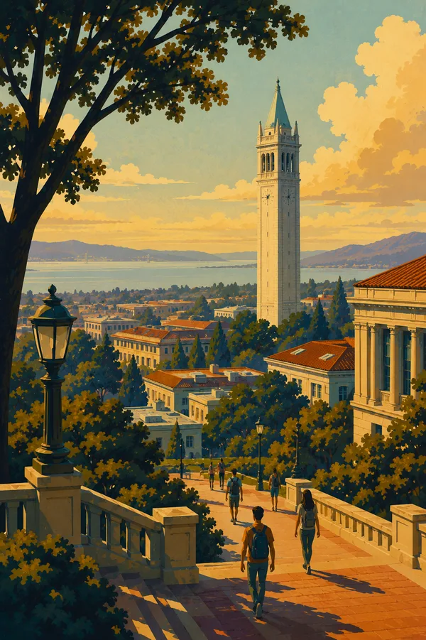 UC Berkeley Sather Tower and Bay view at sunset