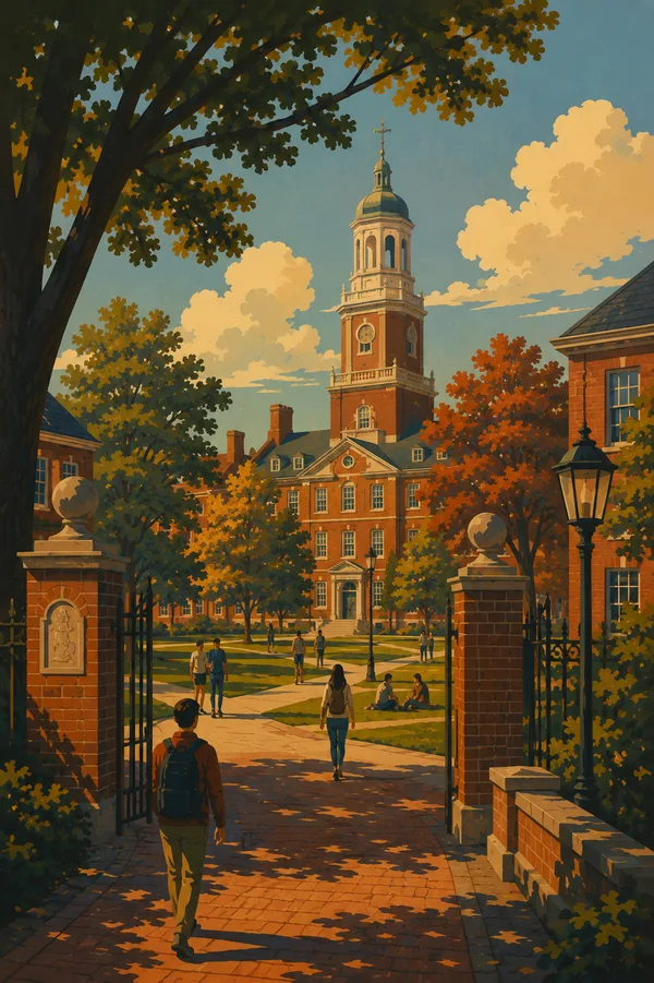 Classic brick campus gate with bell tower in autumn