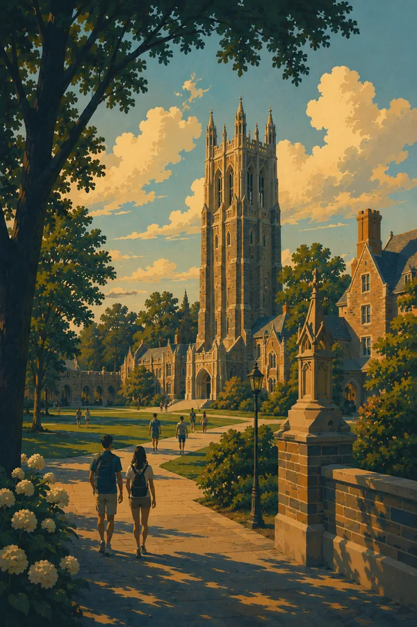 Duke Chapel gothic tower along a tree-lined campus path
