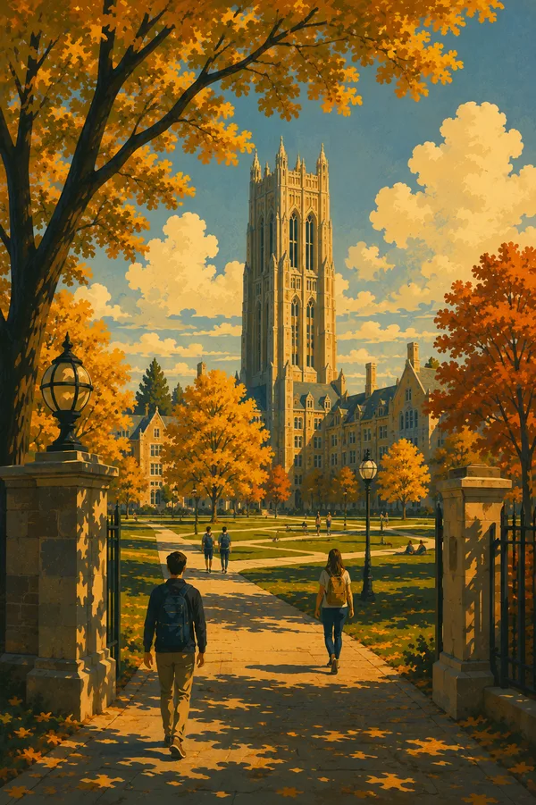 Fall campus gothic tower framed by golden autumn trees