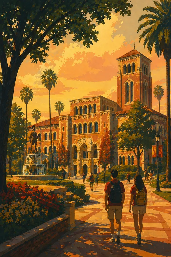USC Tommy Trojan fountain at golden sunset