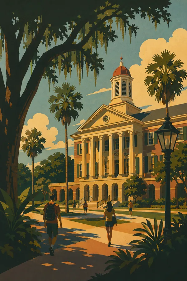 Southern university colonnade with Spanish moss and palms