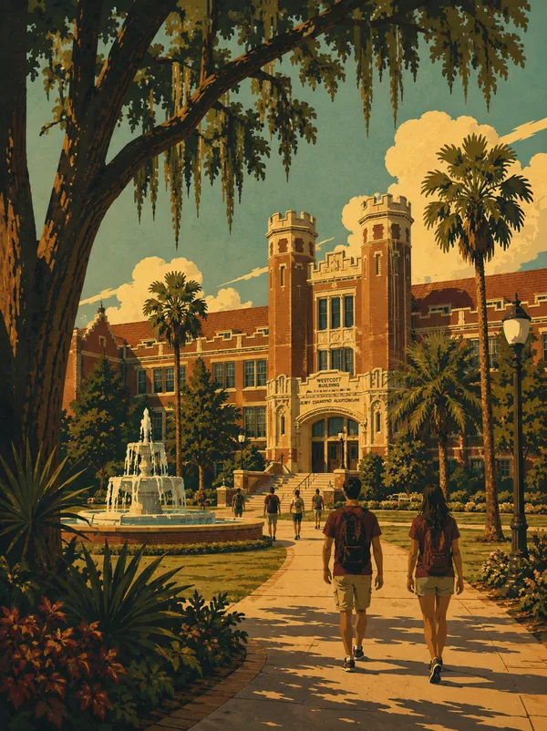 FSU Westcott Building with fountain and palm trees