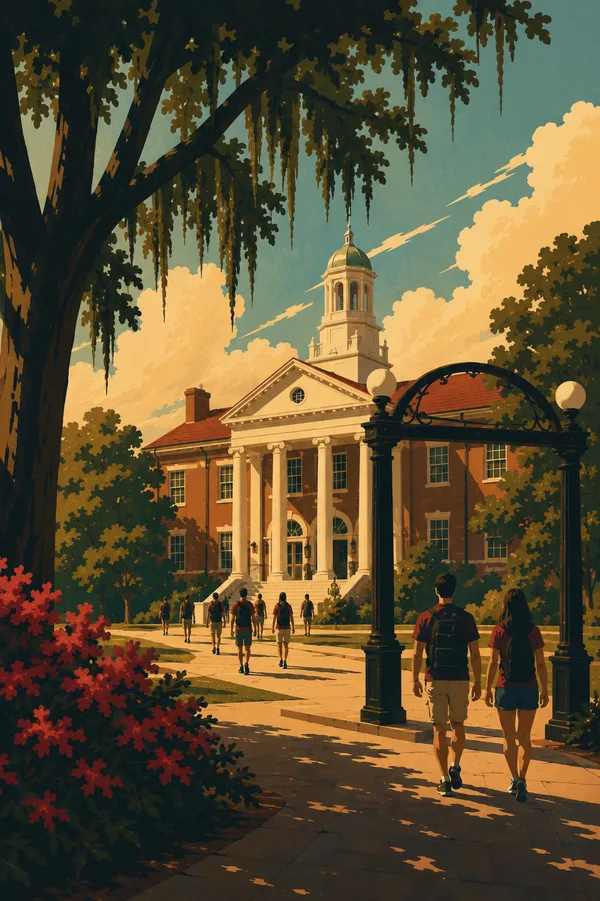 University of Georgia Arch with red azaleas in bloom