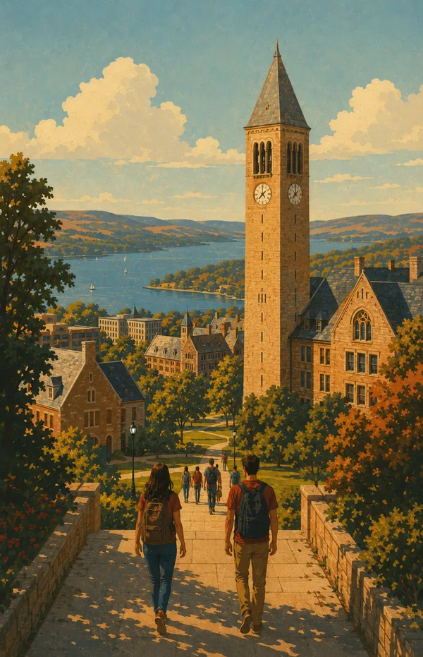 Cornell clock tower overlooking Cayuga Lake in fall