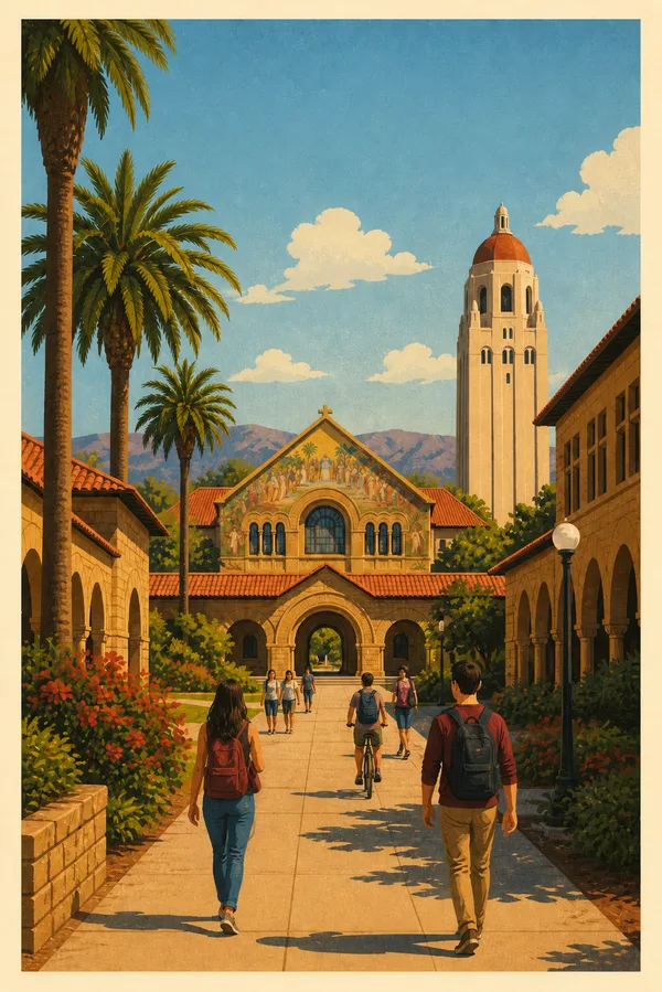 Stanford Memorial Church and palm-lined campus walk