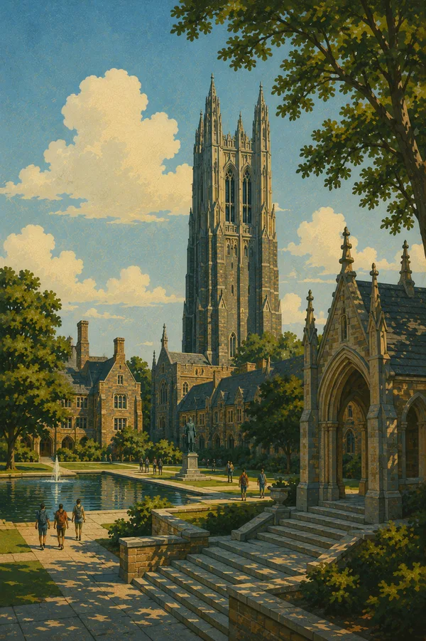 Gothic Yale chapel tower with reflecting pool and students