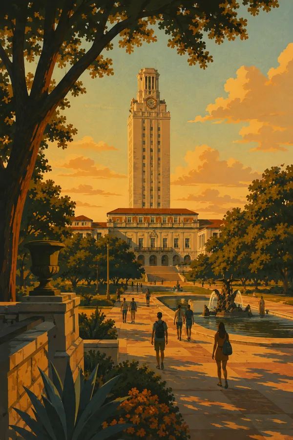 UT Austin Tower at golden hour with students on campus