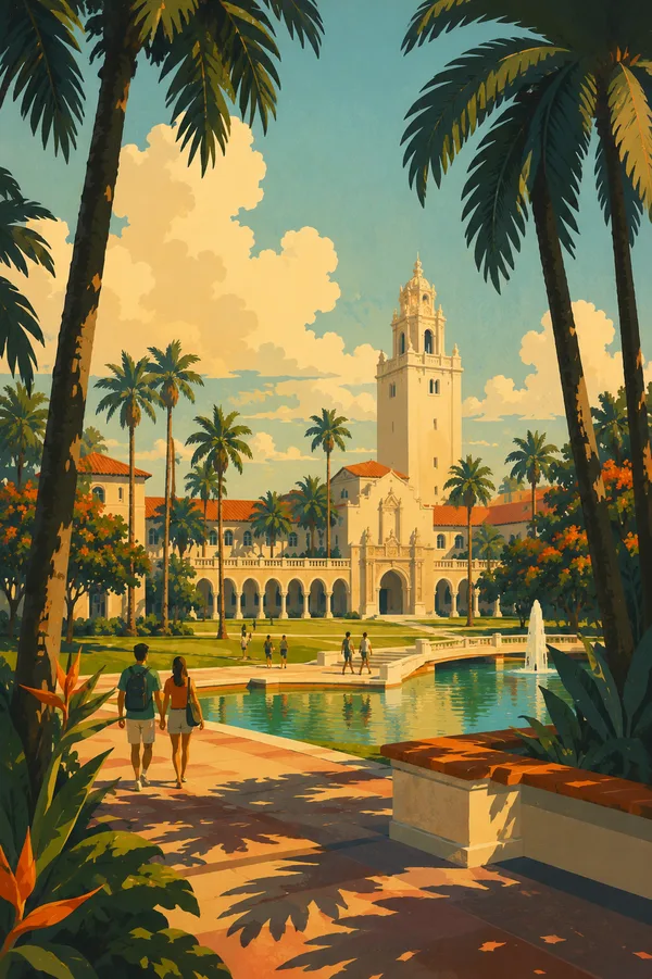 Tropical campus with bell tower, palms and reflecting pool