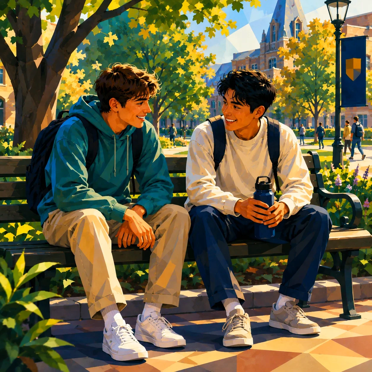 Two college students chatting candidly on a campus bench
