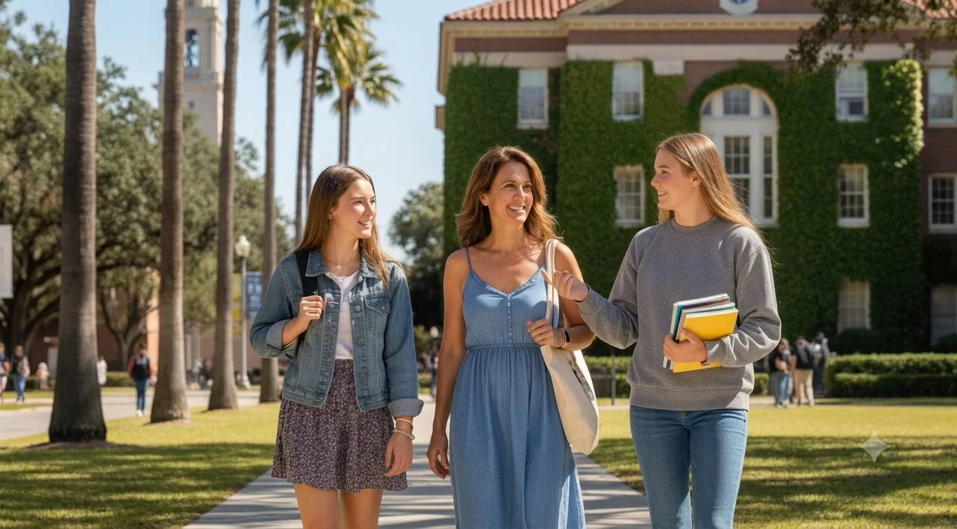 Family walking on campus with their tour guide